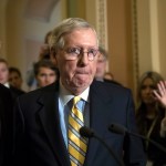 Senate Majority Leader Mitch McConnell, R-Ky., joined by Sen. John Barrasso, R-Wyo., left, tells reporters he is delaying a vote on the Republican health care bill while GOP leadership works toward getting enough votes, at the Capitol in Washington, Tuesday, June 27, 2017. In a bruising setback, Senate Republican leaders are delaying a vote on their prized health care bill until after the July 4 recess, forced to retreat by a GOP rebellion that left them lacking enough votes to even begin debating the legislation, two sources said Tuesday. (AP Photo/J. Scott Applewhite)