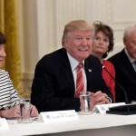 President Donald Trump, center, speaks as he meets with Republican senators on health care in the East Room of at the White House in Washington, Tuesday, June 27, 2017. Seated with him, from left, are Sen. Susan Collins, R-Maine, Sen. Lisa Murkowski, R-Alaska, and Sen. Orrin Hatch, R-Utah. (AP Photo/Susan Walsh)