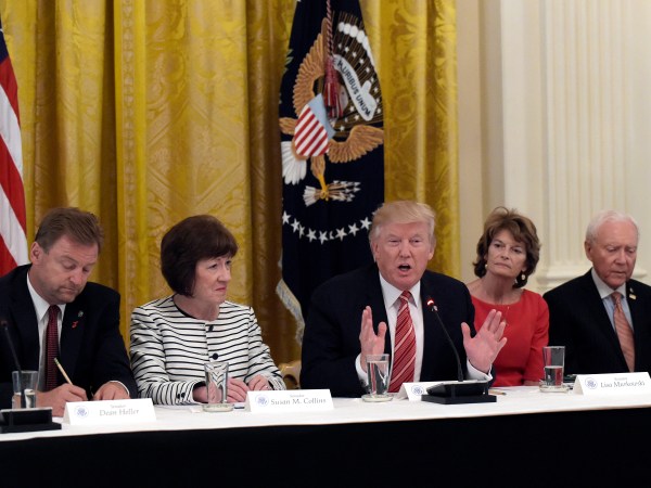 President Donald Trump, center, speaks as he meets with Republican senators on health care in the East Room of the White House in Washington, Tuesday, June 27, 2017. Seated with him, from left, are Sen. Dean Heller, R-Nev., Sen. Susan Collins, R-Maine, Sen. Lisa Murkowski, R-Alaska, and Sen. Orrin Hatch, R-Utah. (AP Photo/Susan Walsh)