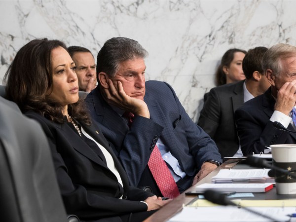 Senate Intelligence Committee members, from left, Sen. Kamala Harris, D-Calif., Sen. Joe Manchin, D-W.Va., and Sen. Angus King, D-Maine, listen to testimony from Director of National Intelligence Dan Coats and other security chiefs about gathering intelligence on foreign agents, on Capitol Hill in Washington, Wednesday, June 7, 2017. (AP Photo/J. Scott Applewhite)