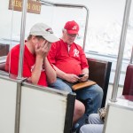 UNITED STATES - JUNE 14: Rep. Joe Barton, R-Texas, center, and his sons, board the Rayburn subway basement of the Capitol after a shooting at the Republican's baseball practice in Alexandria on June 14, 2017. (Photo By Tom Williams/CQ Roll Call)