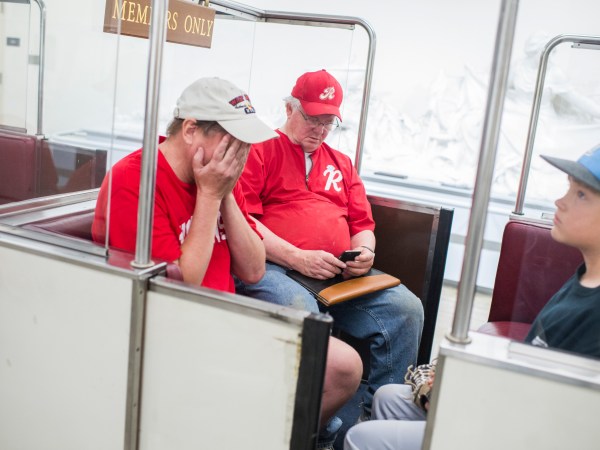 UNITED STATES - JUNE 14: Rep. Joe Barton, R-Texas, center, and his sons, board the Rayburn subway basement of the Capitol after a shooting at the Republican's baseball practice in Alexandria on June 14, 2017. (Photo By Tom Williams/CQ Roll Call)
