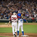 UNITED STATES - JUNE 15: Rep. Nanette Barragan, D-Calif., and Bill Pascrell, D-N.J., celebrate her hit during the 56th Congressional Baseball Game at Nationals Park on June 15, 2017. (Photo By Tom Williams/CQ Roll Call)