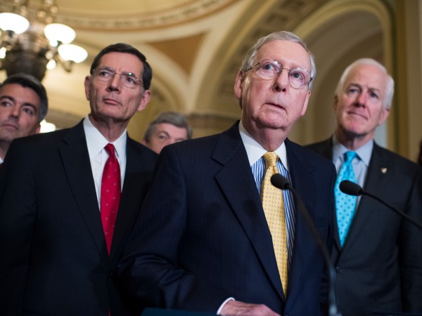 UNITED STATES - JUNE 6: From left, Sens. Cory Gardner, R-Colo., John Barrasso, R-Wyo., Roy Blunt, R-Mo., Senate Majority Leader Mitch McConnell, R-Ky., and Majority Whip John Cornyn, R-Texas, conduct a news conference after the Senate Policy Luncheons on June 6, 2017. (Photo By Tom Williams/CQ Roll Call)