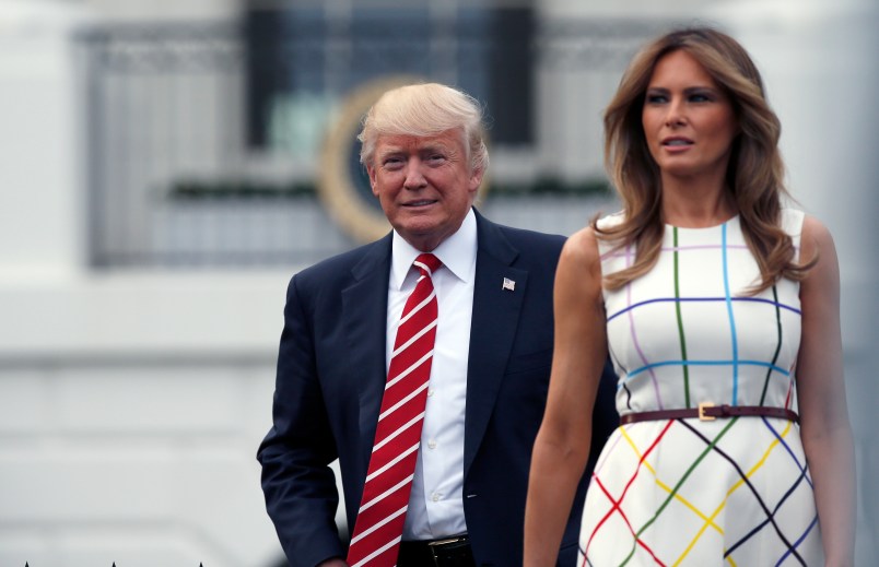 President Donald Trump with first lady Melania Trump, arrive at the Congressional Picnic on the South Lawn of the White House, Thursday, June 22, 2017, in Washington. (AP Photo/Alex Brandon)
