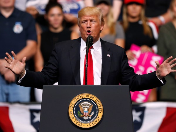 President Donald Trump speaks during a rally, Wednesday, June 21, 2017, in Cedar Rapids, Iowa. (AP Photo/Charlie Neibergall)