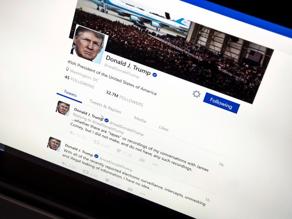 President Donald Trump's Twitter page with his tweets about not recording his conversations with former FBI Director James Comey is photographed in Washington, Thursday, June 22, 2017. (AP Photo/J. David Ake)