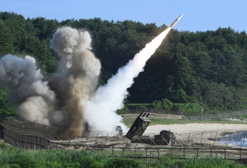 In this photo provided by South Korea Defense Ministry, a U.S. MGM-140 Army Tactical Missile is fired during the combined military exercise between U.S. and South Korea against North Korea at an undisclosed location in South Korea, Wednesday, July 5, 2017. Grinning broadly, North Korean leader Kim Jong Un delighted in the global furor created by his nation's first launch of an intercontinental ballistic missile, vowing Wednesday to never abandon nuclear weapons and to keep sending Washington more "gift packages" of missile and atomic tests. (South Korea Defense Ministry via AP)