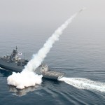 In this photo provided by South Korea Defense Ministry, a South Korean navy convoy fires a missile during a drill in South Korea's East Sea, Thursday, July 6, 2017. South Korean warplanes and navy ships have fired a barrage of missiles into the waters during one-day drills aimed at boosting a readiness against a possible North Korean aggression. (South Korea Defense Ministry via AP)