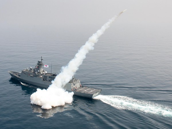 In this photo provided by South Korea Defense Ministry, a South Korean navy convoy fires a missile during a drill in South Korea's East Sea, Thursday, July 6, 2017. South Korean warplanes and navy ships have fired a barrage of missiles into the waters during one-day drills aimed at boosting a readiness against a possible North Korean aggression. (South Korea Defense Ministry via AP)