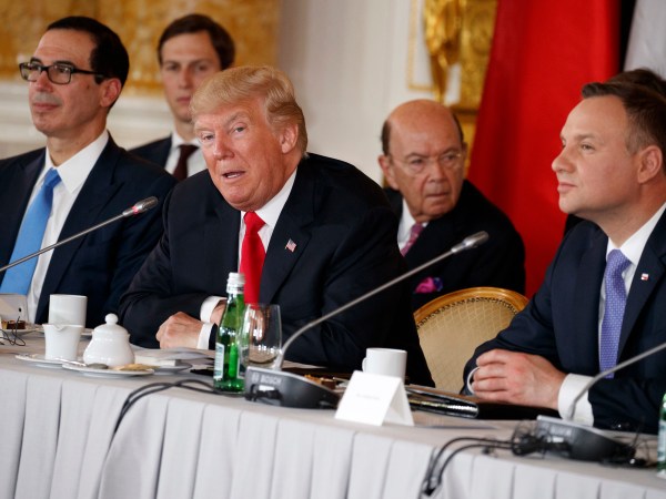 President Donald Trump speaks during the Three Seas Initiative Transatlantic Roundtable in the Great Assembly Hall of the Royal Castle, Thursday, July 6, 2017, in Warsaw. (AP Photo/Evan Vucci)