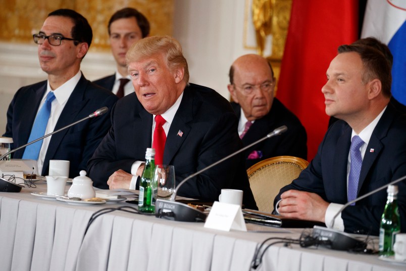 President Donald Trump speaks during the Three Seas Initiative Transatlantic Roundtable in the Great Assembly Hall of the Royal Castle, Thursday, July 6, 2017, in Warsaw. (AP Photo/Evan Vucci)