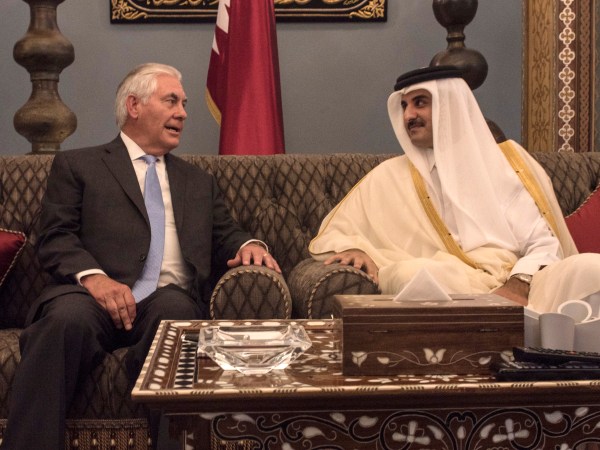 H.H. the Emir of Qatar, Sheikh Tamim Bin Hamad Al Thani (left), welcomes U.S. Secretary of State Rex Tillerson to his official residence Sea Palace in Doha, Qatar, July 11, 2017. Meeting with Emir at Sea Palace. (Alexander W. Riedel)