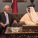 H.H. the Emir of Qatar, Sheikh Tamim Bin Hamad Al Thani (left), welcomes U.S. Secretary of State Rex Tillerson to his official residence Sea Palace in Doha, Qatar, July 11, 2017. Meeting with Emir at Sea Palace. (Alexander W. Riedel)