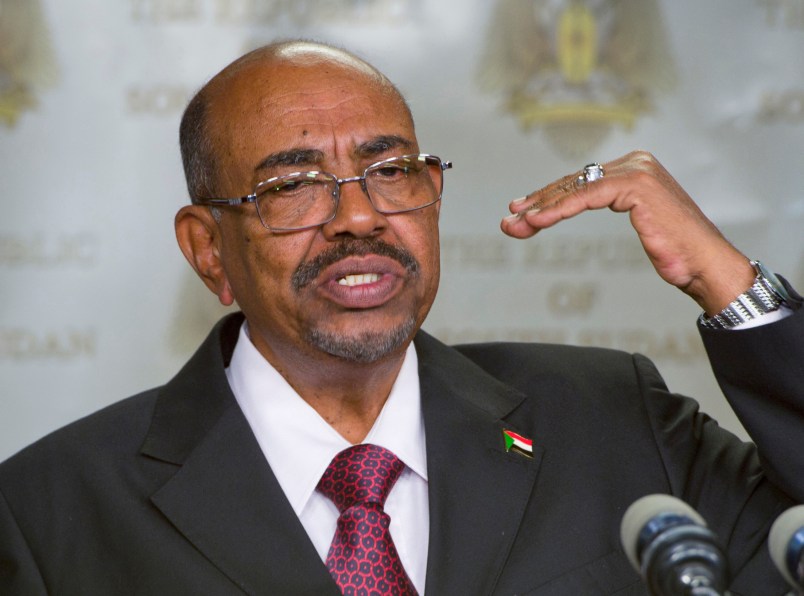 FILE - In this Monday, Jan. 6, 2014 file photo, Sudanese President Omar al-Bashir speaks after meeting with South Sudan's President Salva Kiir, in the capital Juba, South Sudan.  South Africa has decided to withdraw from the International Criminal Court following a dispute over the visit in 2015 by al-Bashir, who is wanted by the tribunal for alleged war crimes, crimes against humanity and genocide. (AP Photo/Ali Ngethi, File)