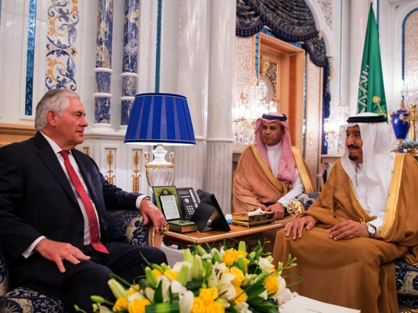 In this Wednesday, July 12, 2017 photo released by Saudi Press Agency, SPA, Saudi King Salman bin Abdulaziz Al Saud, right, receives the U.S. Foreign Secretary Rex Tillerson who arrives in Jiddah, Saudi Arabia today. (Saudi Press Agency via AP)