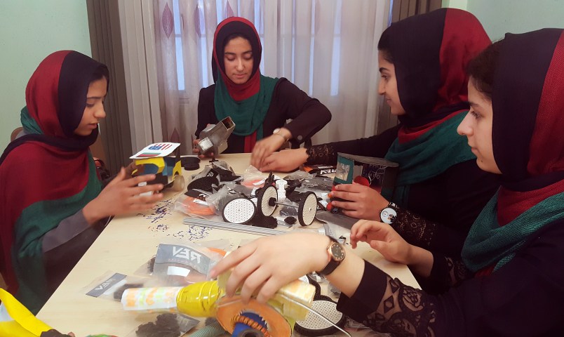 In this Thursday, July 6, 2017 photo, teenagers from the Afghanistan Robotic House, a private training institute, practice at the Better Idea Organization center, in Herat, Afghanistan. Six female students from war-torn Afghanistan who had hoped to participate in an international robotics competition July 16-18 in Washington D.C will have to watch via video link after the U.S. denied them visas -- not once, but twice. Of 162 teams participating, the Afghan girls are the only nation’s team to be denied visas. (AP Photos/Ahmad Seir)