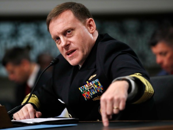 Adm. Mike Rogers, head of the U.S. Cyber Command and the National Security Agency, speaks to the Senate Armed Services Committee, Tuesday, May 9, 2017,  on Capitol Hill in Washington. Rogers says the U.S. is working with France and Germany to counter disinformation campaigns during elections. (AP Photo/Jacquelyn Martin)