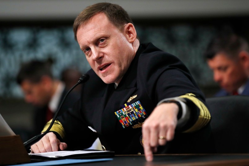 Adm. Mike Rogers, head of the U.S. Cyber Command and the National Security Agency, speaks to the Senate Armed Services Committee, Tuesday, May 9, 2017,  on Capitol Hill in Washington. Rogers says the U.S. is working with France and Germany to counter disinformation campaigns during elections. (AP Photo/Jacquelyn Martin)