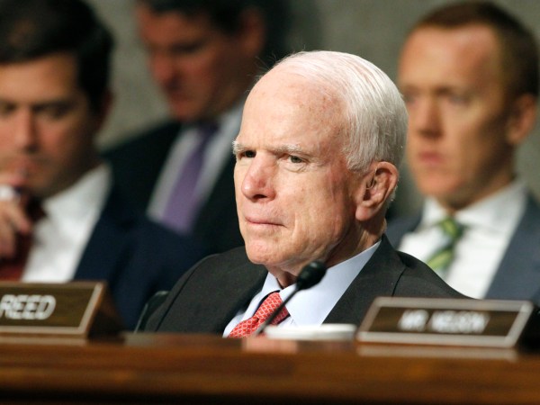 Senate Armed Services Committee Chairman Sen. John McCain, R-Ariz. listens on Capitol Hill in Washington, Tuesday, July 11, 2017, during the committee's confirmation hearing for Nay Secretary nominee Richard Spencer.  (AP Photo/Jacquelyn Martin)