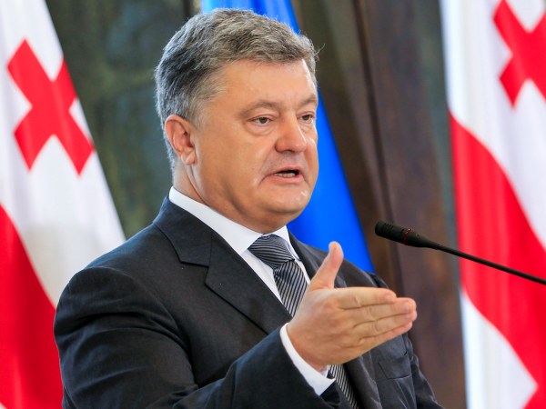 Ukrainian President Petro Poroshenko speaks at a press conference during his meeting with Georgian President Georgy Margvelashvili in Tbilisi, Georgia, 18 July 2017. Petro Poroshenko is on an official visit to Georgia.  (AP Photo/Shakh Aivazov)