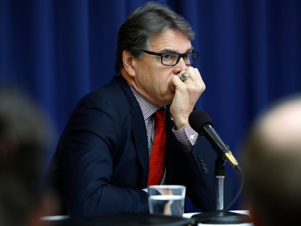 Energy Secretary Rick Perry listens to a question at a news conference, Tuesday, July 18, 2017, at the National Press Club in Washington. (AP Photo/Jacquelyn Martin)