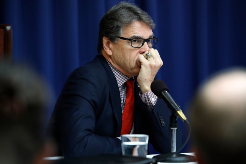 Energy Secretary Rick Perry listens to a question at a news conference, Tuesday, July 18, 2017, at the National Press Club in Washington. (AP Photo/Jacquelyn Martin)