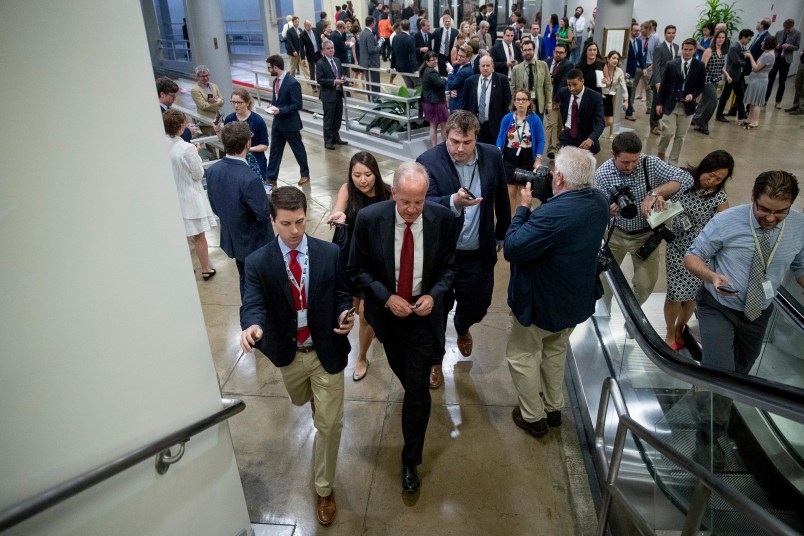 Sen. Jerry Moran, R-Kan., arrives at the Capitol Building in Washington, Tuesday, July 18, 2017. (AP Photo/Andrew Harnik)