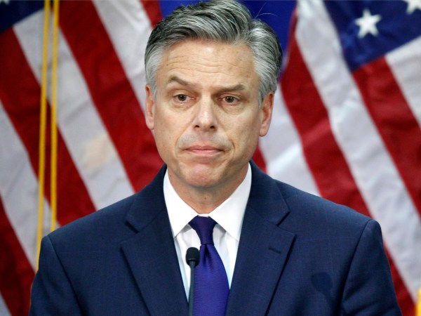 Republican presidential candidate, former Utah Gov. Jon Huntsman, announces he is ending his campaign, Monday, Jan. 16, 2012, in Myrtle Beach, S.C. (AP Photo/Charles Dharapak)