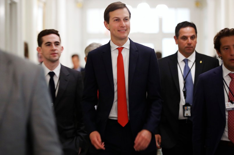 White House adviser Jared Kushner, center, arrives to attend the opening of the U.S.-China Comprehensive Economic Dialogue, Wednesday, July 19, 2017, at the Treasury Department in Washington. (AP Photo/Jacquelyn Martin)