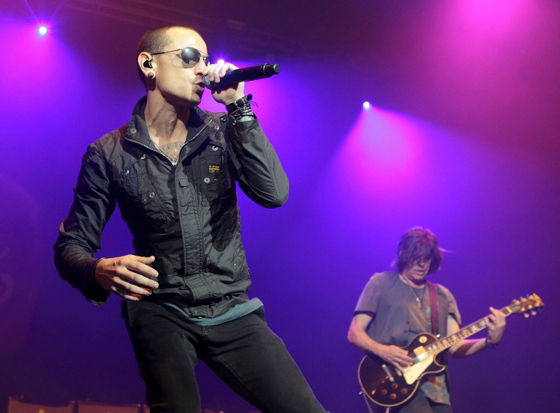 Chester Bennington, left, and Dean DeLeo of the band Stone Temple Pilots perform in concert during the MMRBQ Music Festival 2015 at the Susquehanna Bank Center on Saturday, May 16, 2015, in Camden, N.J. (Photo by Owen Sweeney/Invision/AP)