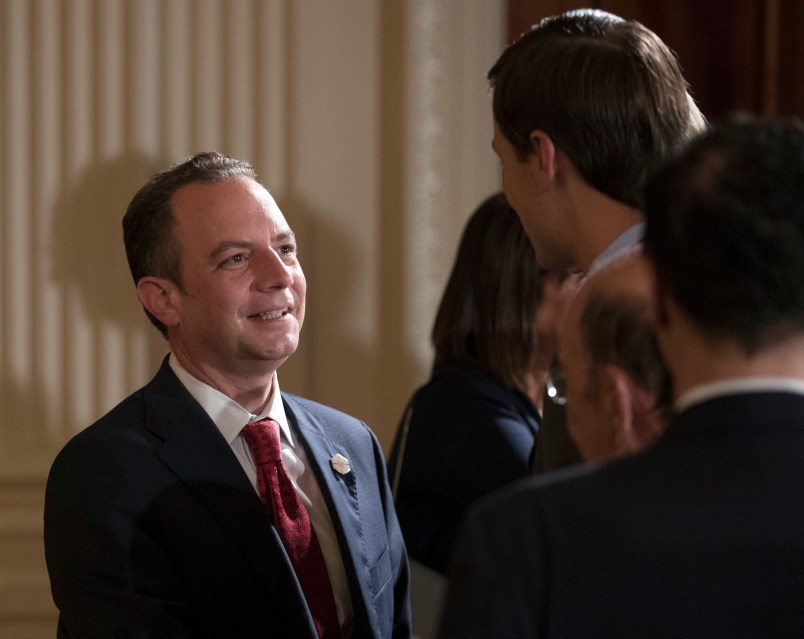 White House Chief of Staff Reince Priebus, talks with senior adviser to President Donald Trump, Jared Kushne, in the East Room of the White House in Washington, Wednesday, July 26, 2017. (AP Photo/Carolyn Kaster)