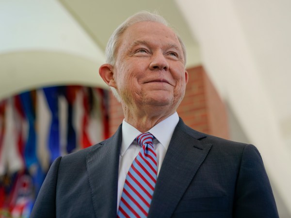 U.S. Attorney General Jeff Sessions smiles during his interview with the Associated Press at the U.S. Embassy in San Salvador, El Salvador, Thursday, July 27, 2017. (AP Photo/Pablo Martinez Monsivais)