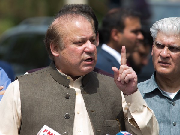 In this Thursday, June 15, 2017 photo, Pakistani Prime Minister Nawaz Sharif speaks to reporters outside the premises of the Joint Investigation Team, in Islamabad, Pakistan. Pakistan’s Supreme Court in a unanimous decision has asked the country’s anti-corruption body to file corruption charges against Prime Minister Nawaz Sharif, his two sons and daughter for concealing their assets. (AP Photo/B.K. Bangash)