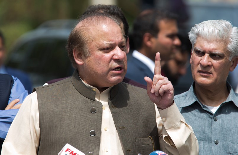 In this Thursday, June 15, 2017 photo, Pakistani Prime Minister Nawaz Sharif speaks to reporters outside the premises of the Joint Investigation Team, in Islamabad, Pakistan. Pakistan’s Supreme Court in a unanimous decision has asked the country’s anti-corruption body to file corruption charges against Prime Minister Nawaz Sharif, his two sons and daughter for concealing their assets. (AP Photo/B.K. Bangash)