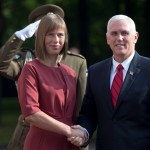U.S. Vice President Mike Pence, right, Estonia’s President Kersti Kaljulaid pose for photographers prior to their meeting at the Kadriorg  Palace in Tallinn, Estonia, Monday, July 31, 2017. Pence arrived in Tallinn for a two day visit where he will meet Baltic States leaders to discuss regional security issues as well as economic and political topics. (AP Photo/Mindaugas Kulbis)
