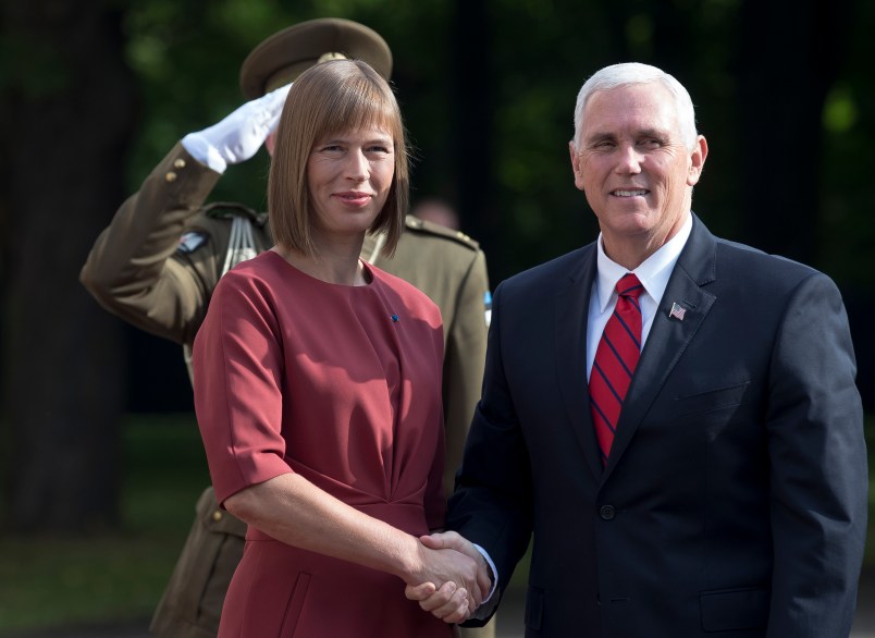 U.S. Vice President Mike Pence, right, Estonia’s President Kersti Kaljulaid pose for photographers prior to their meeting at the Kadriorg  Palace in Tallinn, Estonia, Monday, July 31, 2017. Pence arrived in Tallinn for a two day visit where he will meet Baltic States leaders to discuss regional security issues as well as economic and political topics. (AP Photo/Mindaugas Kulbis)
