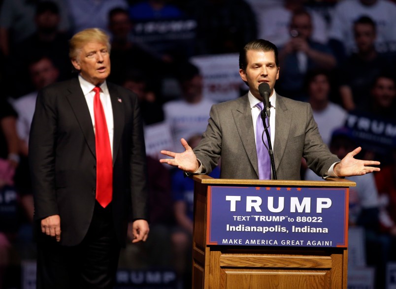 Donald Trump, Jr. speaks as Republican presidential candidate Donald Trump listens during a campaign stop Wednesday, April 27, 2016, in Indianapolis. (AP Photo/Darron Cummings)