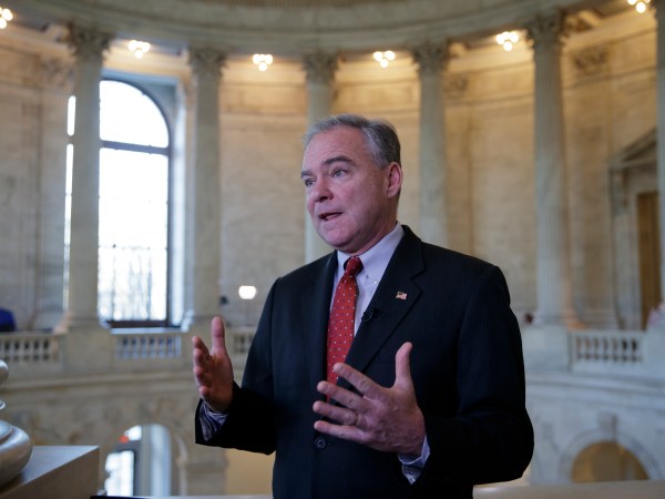 Sen. Tim Kaine, a Virginia Democrat, responds to questions about the poison gas attacks and ongoing “war crimes” in Syria, during a television news interview on Capitol Hill in Washington, Wednesday, April 5, 2017. Kaine blasted blasted President Donald Trump for relying on his criticism of former President Obama’s approach to Syria now that he’s in charge, adding, “He’s got to put on his big boy pants and own up to the job.”   (AP Photo/J. Scott Applewhite)