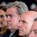 From left, White House Senior Counselor for Economic Initiatives Dina Powell, President Donald Trump's White House Senior Adviser Steve Bannon and National Security Adviser H.R. McMaster attend a news conference with President Donald Trump and NATO Secretary General Jens Stoltenberg in the East Room at the White House, Wednesday, April 12, 2017, in Washington. (AP Photo/Andrew Harnik)