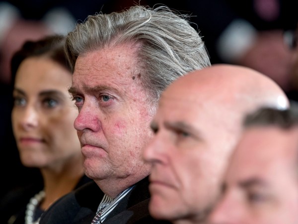 From left, White House Senior Counselor for Economic Initiatives Dina Powell, President Donald Trump's White House Senior Adviser Steve Bannon and National Security Adviser H.R. McMaster attend a news conference with President Donald Trump and NATO Secretary General Jens Stoltenberg in the East Room at the White House, Wednesday, April 12, 2017, in Washington. (AP Photo/Andrew Harnik)