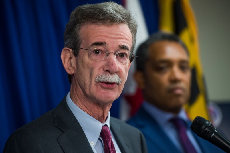 UNITED STATES - JUNE 12: Maryland Attorney General Brian Frosh, left, and D.C. Attorney General Karl Racine, conduct a news conference on a lawsuit they've filed against President Donald Trump alleging he violated emoluments clauses in the Constitution by accepting foreign payments through his businesses on June 12, 2017. (Photo By Tom Williams/CQ Roll Call)