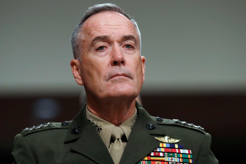 Gen. Joseph Dunford, chairman of the Joint Chiefs of Staff, listens during a Senate Armed Services Committee hearing on the defense budget, on Capitol Hill in Washington, Tuesday, June 13, 2017. (AP Photo/Jacquelyn Martin)