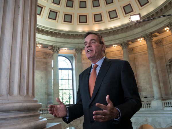 Senate Intelligence Committee Vice Chairman Sen. Mark Warner, D-Va., answers questions during a TV news interview at the Capitol in Washington, Tuesday, June 20, 2017.  (AP Photo/J. Scott Applewhite)