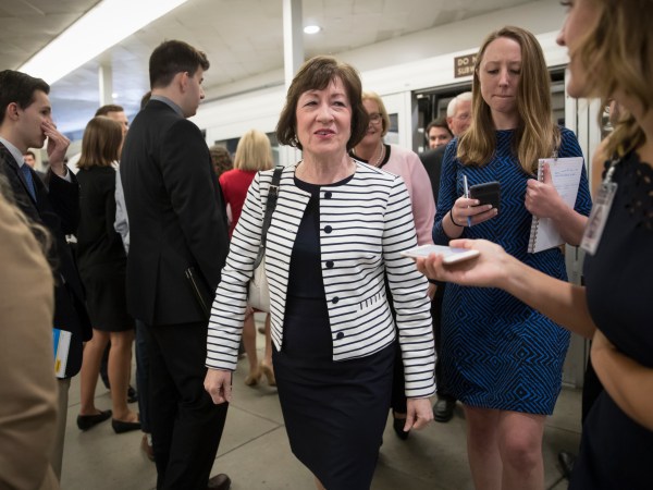 Sen. Susan Collins, R-Maine, heads to a caucus meeting with the leadership struggling with senators, like Collins, who are opposed or wavering on the Republican health care bill, at the Capitol in Washington, Tuesday, June 27, 2017. In a bruising setback, Senate Republican leaders decided to delay a vote on their prized health care bill until after the July 4 recess, forced to retreat by a GOP rebellion that left them lacking enough votes to even begin debating the legislation. (AP Photo/J. Scott Applewhite)