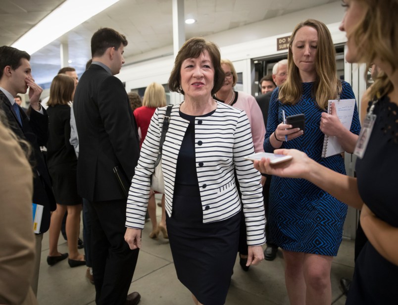 Sen. Susan Collins, R-Maine, heads to a caucus meeting with the leadership struggling with senators, like Collins, who are opposed or wavering on the Republican health care bill, at the Capitol in Washington, Tuesday, June 27, 2017. In a bruising setback, Senate Republican leaders decided to delay a vote on their prized health care bill until after the July 4 recess, forced to retreat by a GOP rebellion that left them lacking enough votes to even begin debating the legislation. (AP Photo/J. Scott Applewhite)