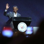 Former U.S. President Barack Obama waves prior to delivering his speech during the 4th Congress of Indonesian Diaspora Network in Jakarta, Indonesia, Saturday, July 1, 2017. (AP Photo/Achmad Ibrahim)