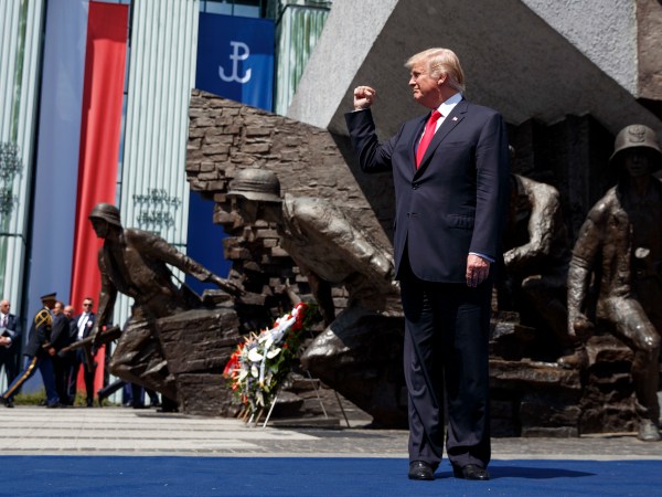 President Donald Trump delivers a speech at Krasinski Square at the Royal Castle, Thursday, July 6, 2017, in Warsaw. (AP Photo/Evan Vucci)