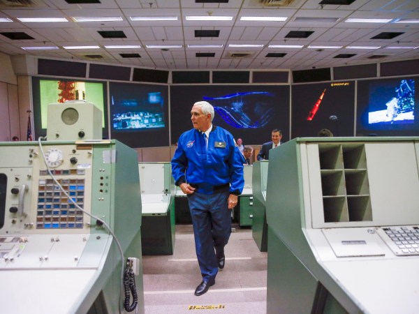 United States Vice President Mike Pence gets a tour of historic mission control after welcoming in a new class of astronauts at the Johnson Space Center Wednesday, June 7, 2017 in Houston. (Michael Ciaglo/ Houston Chronicle via AP)