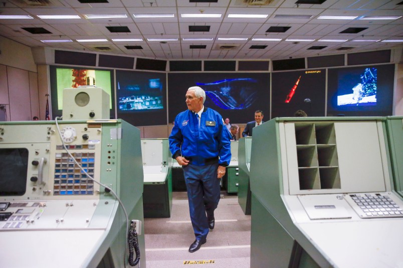 United States Vice President Mike Pence gets a tour of historic mission control after welcoming in a new class of astronauts at the Johnson Space Center Wednesday, June 7, 2017 in Houston. (Michael Ciaglo/ Houston Chronicle via AP)